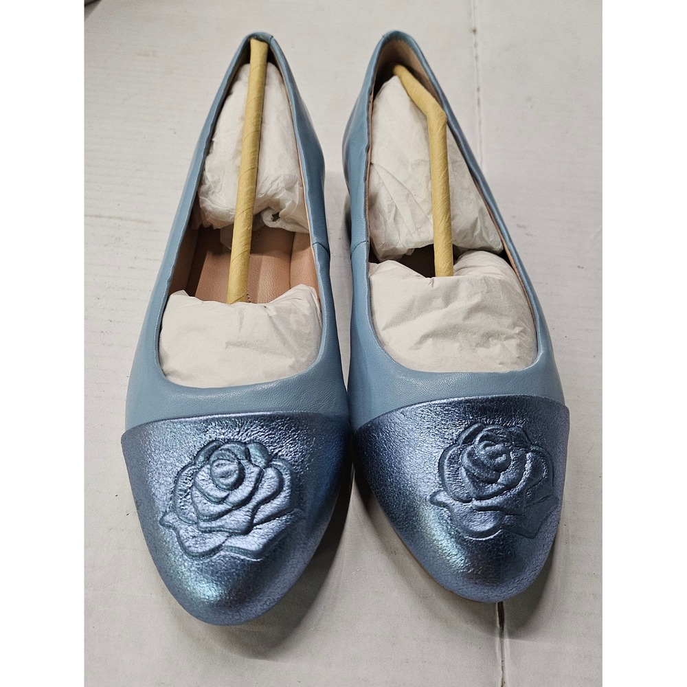 Taryn Rose Annabella Blue Sheep Nappa Leather Rose Cap Toe Flats 5M TR0395